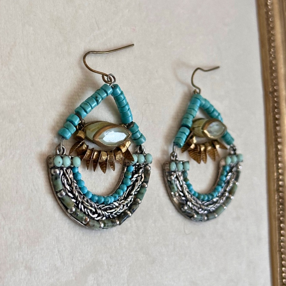 Anthropologie Turquoise Beaded Dangle Wire Earrings